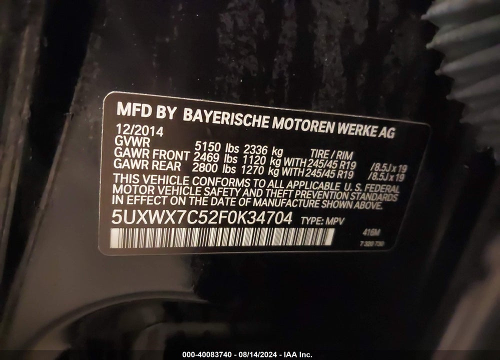 2015 BMW X3 XDRIVE35I VIN: 5UXWX7C52F0K34704