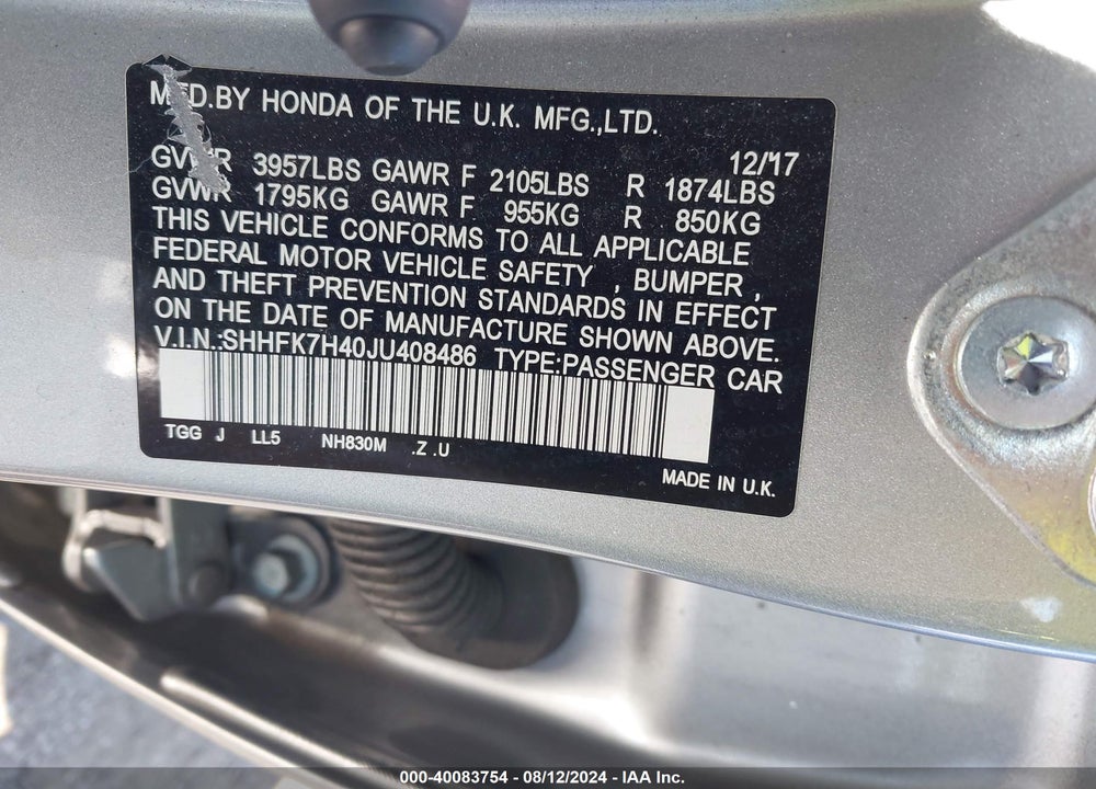 2018 HONDA CIVIC SPORT VIN: SHHFK7H40JU408486
