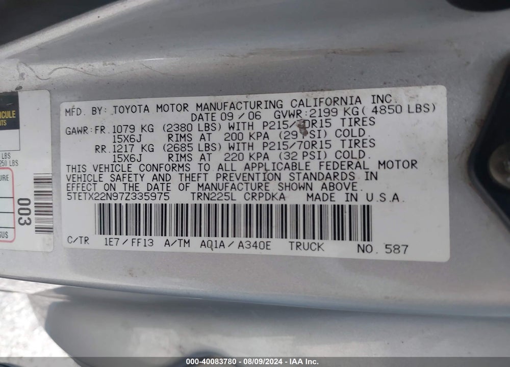 2007 TOYOTA TACOMA VIN: 5TETX22N97Z335975