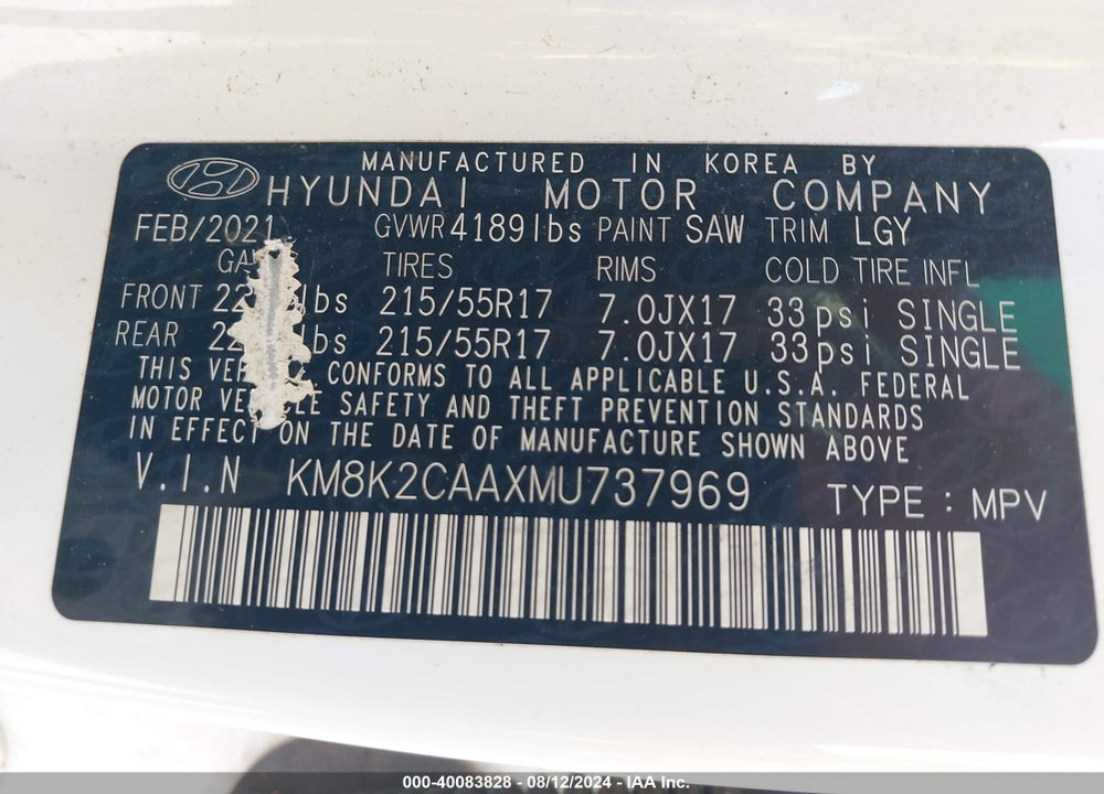 2021 HYUNDAI KONA SEL VIN: KM8K2CAAXMU737969
