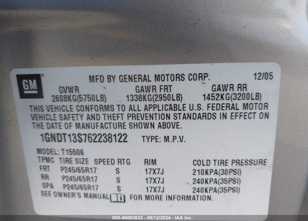 2006 CHEVROLET TRAILBLAZER LT VIN: 1GNDT13S762238122