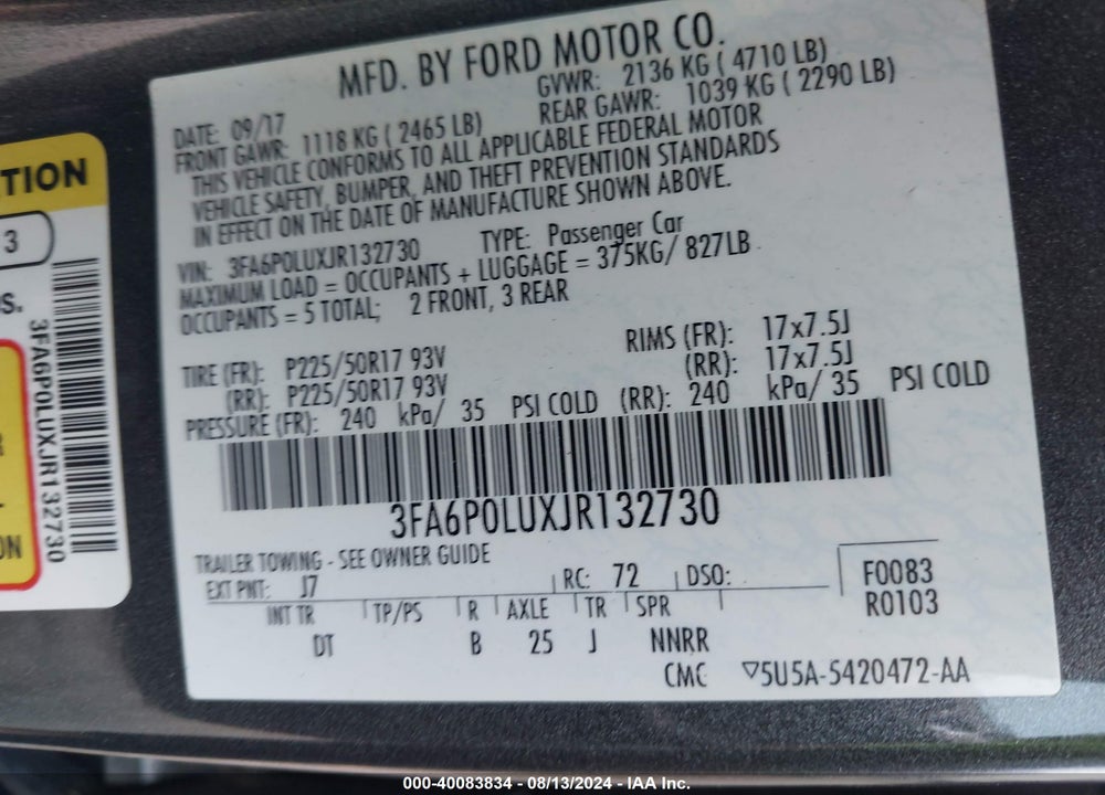 2018 FORD FUSION HYBRID SE VIN: 3FA6P0LUXJR132730