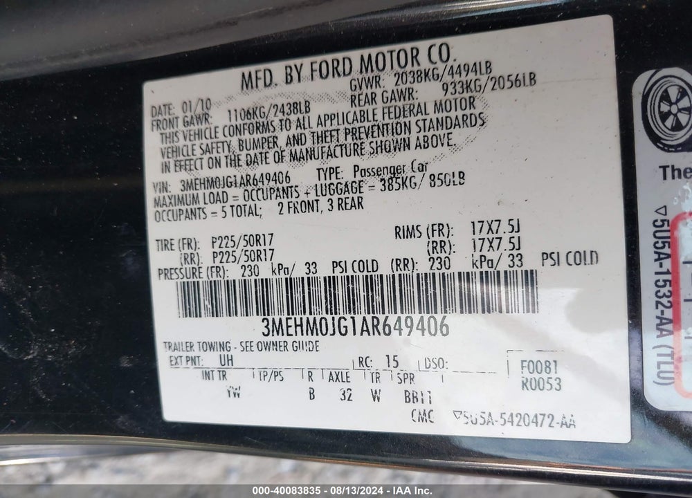 2010 MERCURY MILAN PREMIER VIN: 3MEHM0JG1AR649406