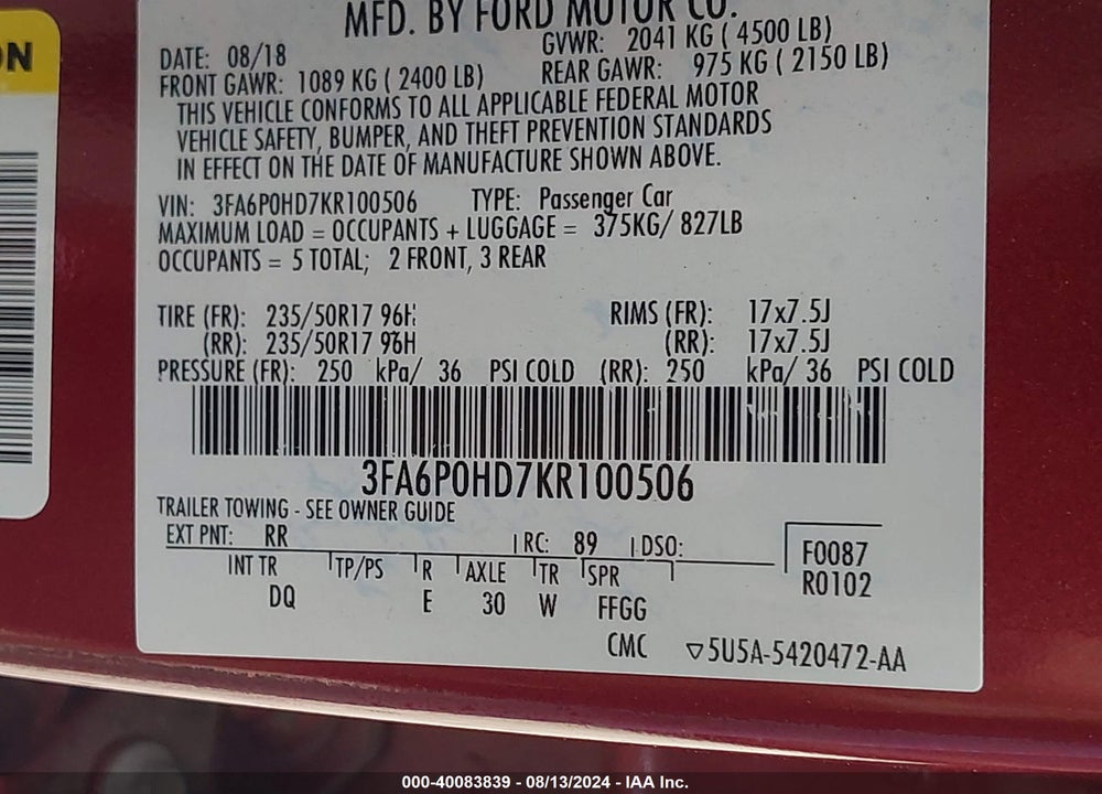 2019 FORD FUSION SE VIN: 3FA6P0HD7KR100506