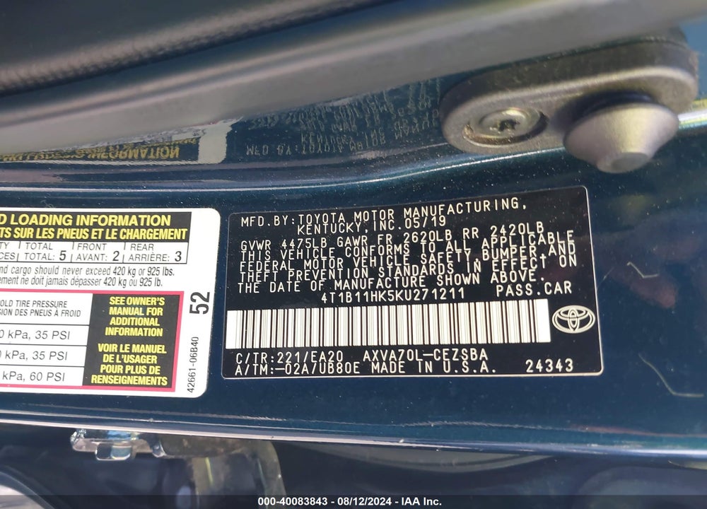 2019 TOYOTA CAMRY SE VIN: 4T1B11HK5KU271211