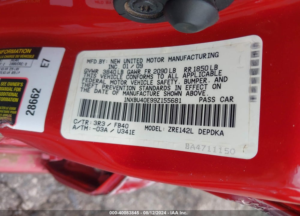 2009 TOYOTA COROLLA LE VIN: 1NXBU40E99Z155681
