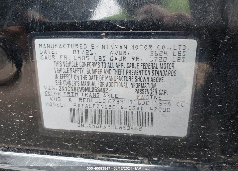 2021 NISSAN VERSA SV XTRONIC CVT VIN: 3N1CN8EV9ML853462