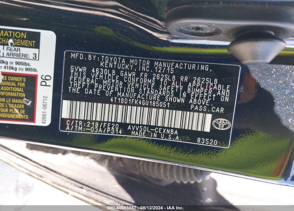 2016 TOYOTA CAMRY HYBRID LE VIN: 4T1BD1FK4GU185051
