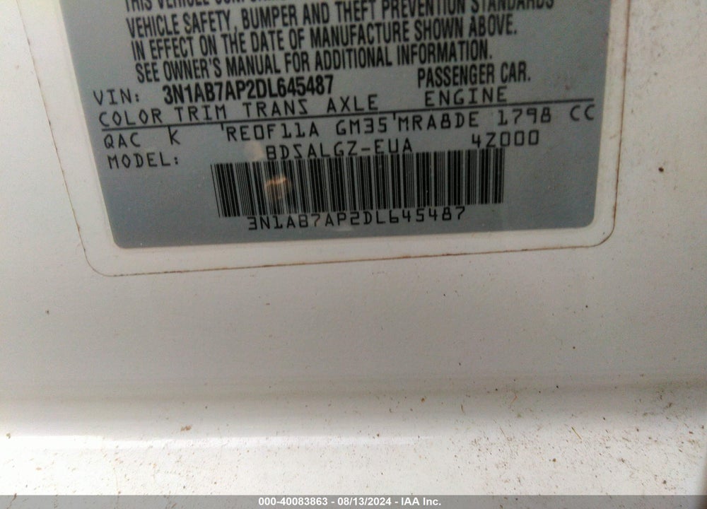 2013 NISSAN SENTRA VIN: 3N1AB7AP2DL645487
