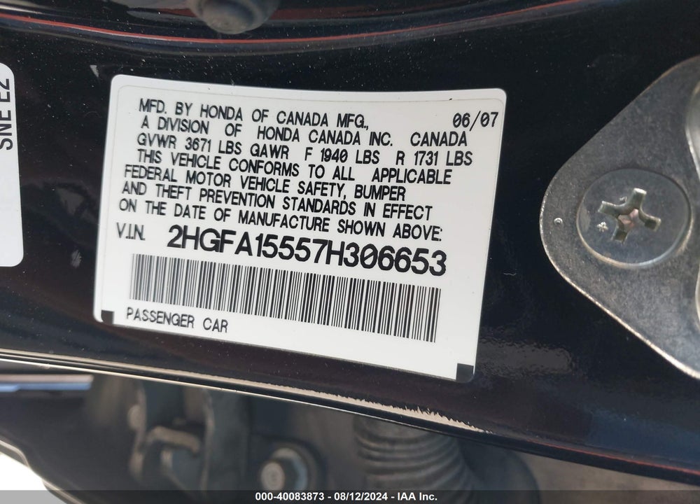2007 HONDA CIVIC LX VIN: 2HGFA15557H306653