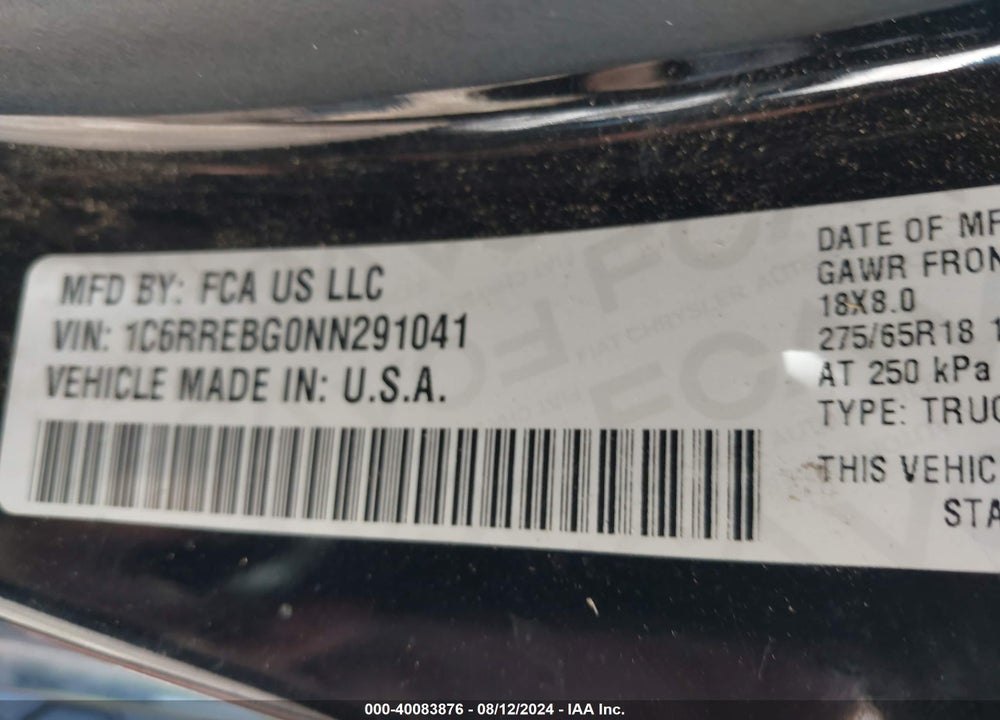 2022 RAM 1500 BIG HORN QUAD CAB 4X2 6'4 BOX VIN: 1C6RREBG0NN291041