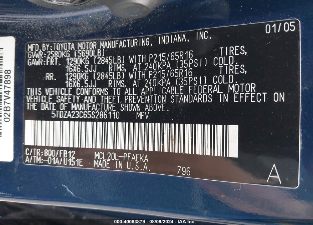 2005 TOYOTA SIENNA LE VIN: 5TDZA23C65S286110