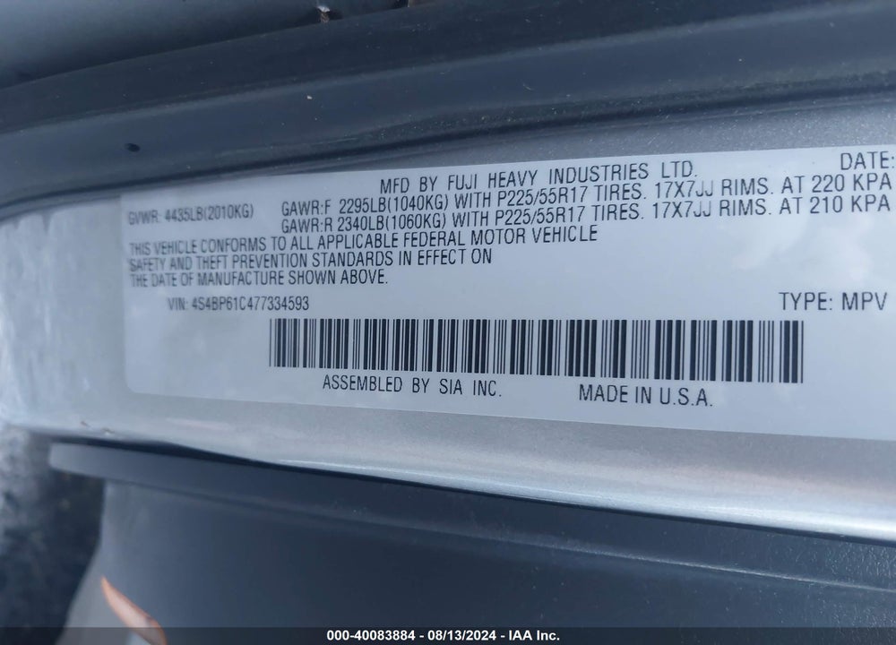 2007 SUBARU OUTBACK VIN: 4S4BP61C477334593
