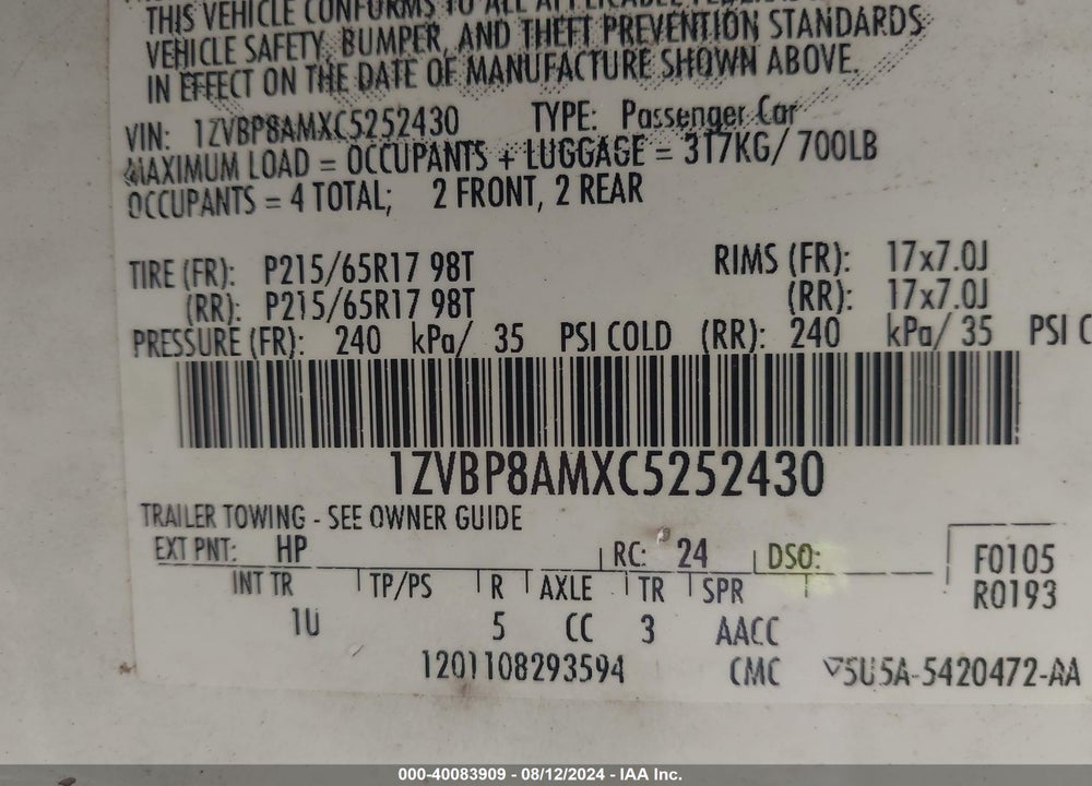 2012 FORD MUSTANG VIN: 1ZVBP8AMXC5252430