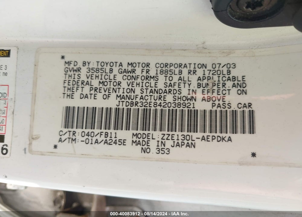 2004 TOYOTA COROLLA CE VIN: JTDBR32E842038921