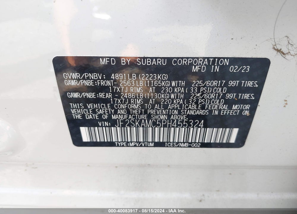 2023 SUBARU FORESTER WILDERNESS VIN: JF2SKAMC5PH455324