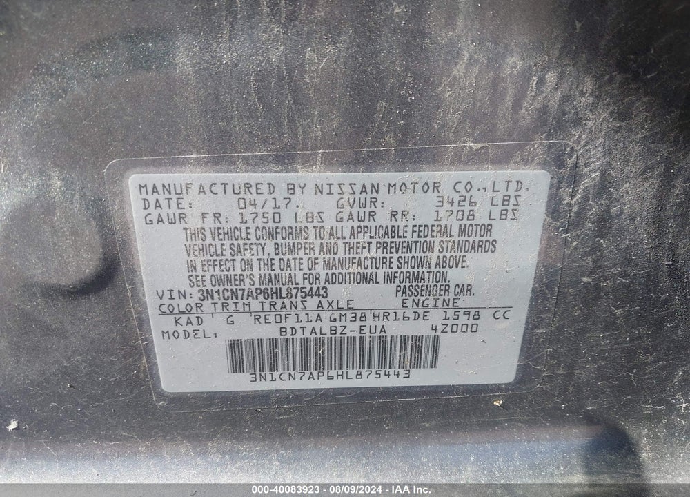 2017 NISSAN VERSA 1.6 SV VIN: 3N1CN7AP6HL875443