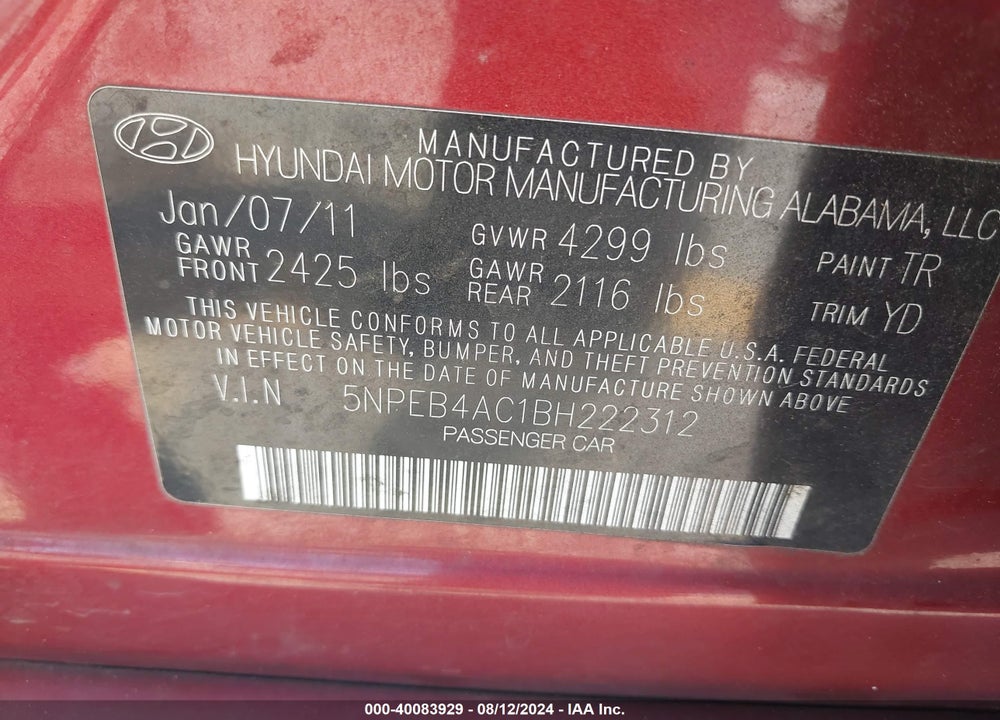 2011 HYUNDAI SONATA VIN: 5NPEB4AC1BH222312