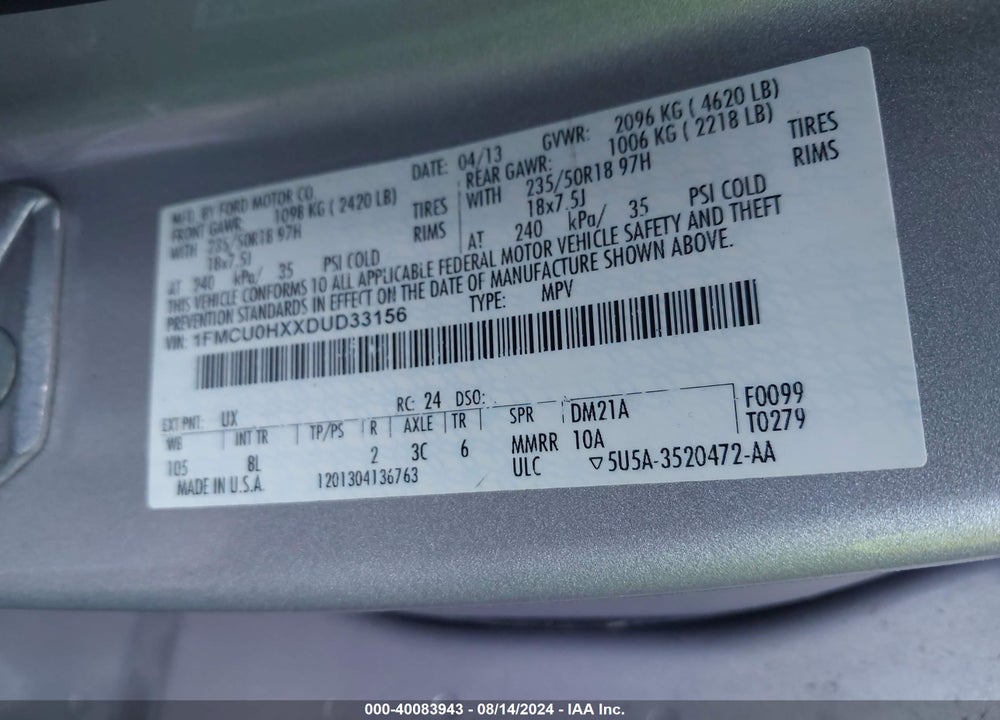 2013 FORD ESCAPE SEL VIN: 1FMCU0HXXDUD33156