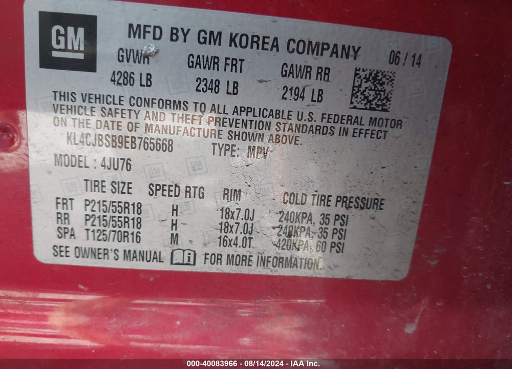 2014 BUICK ENCORE CONVENIENCE VIN: KL4CJBSB9EB765668