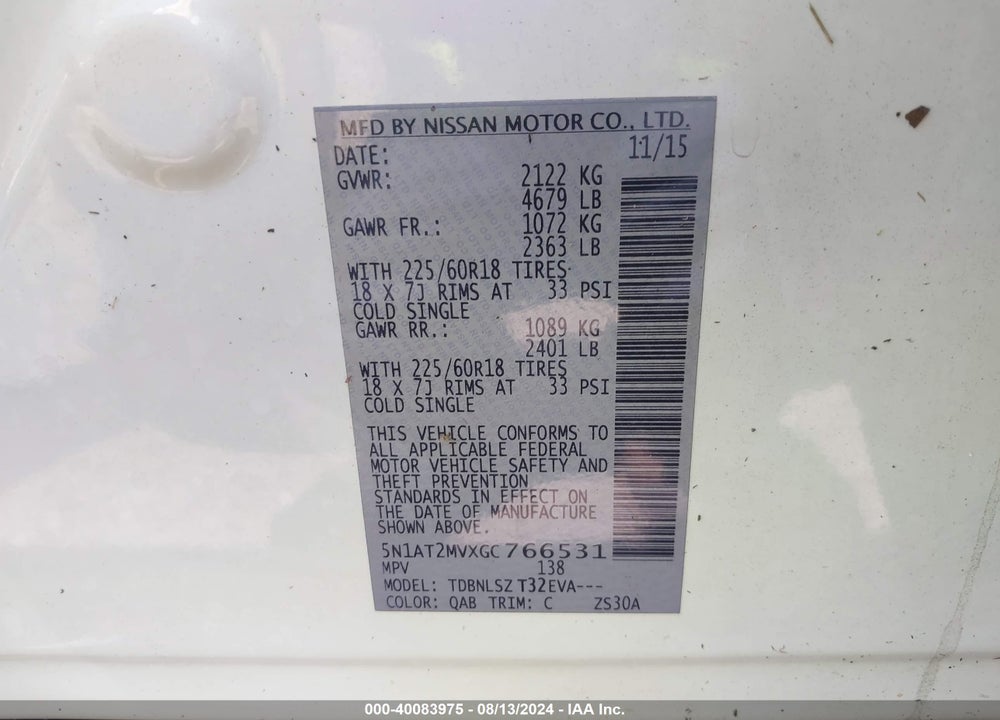 2016 NISSAN ROGUE SL VIN: 5N1AT2MVXGC766531