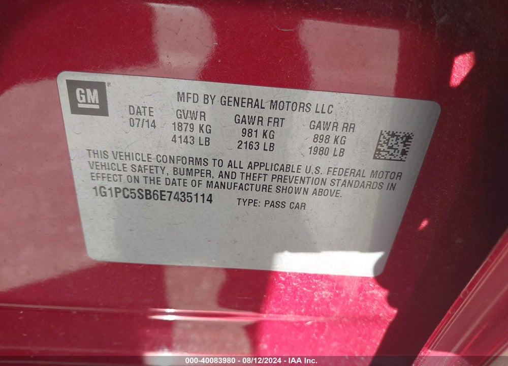 2014 CHEVROLET CRUZE 1LT AUTO VIN: 1G1PC5SB6E7435114