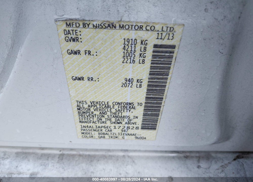 2014 NISSAN ALTIMA 2.5 SV VIN: 1N4AL3AP6EC172828
