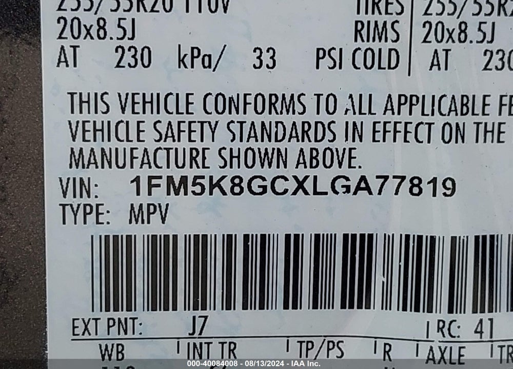 2020 FORD EXPLORER ST VIN: 1FM5K8GCXLGA77819