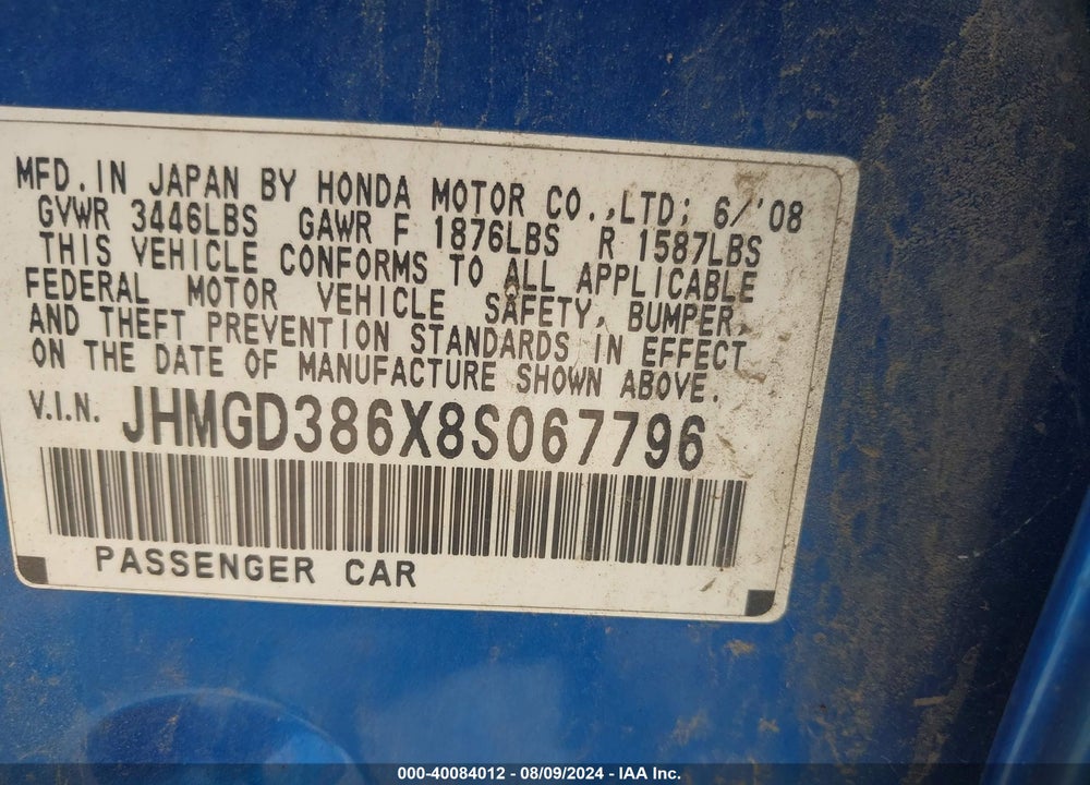 2008 HONDA FIT SPORT VIN: JHMGD386X8S067796