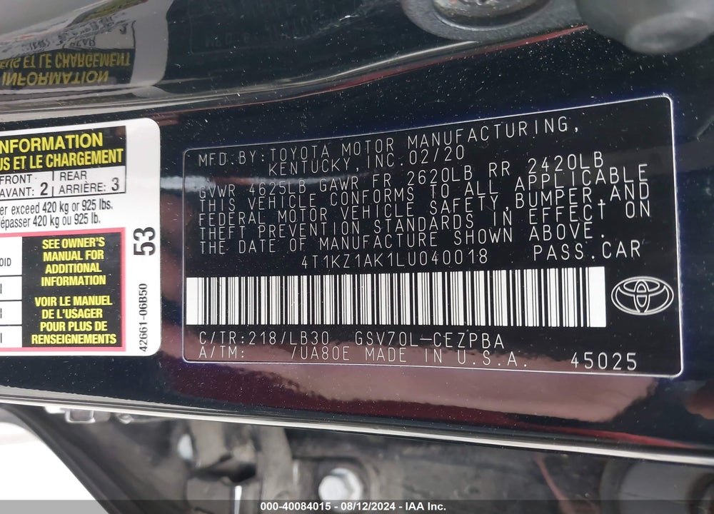 2020 TOYOTA CAMRY VIN: 4T1KZ1AK1LU040018