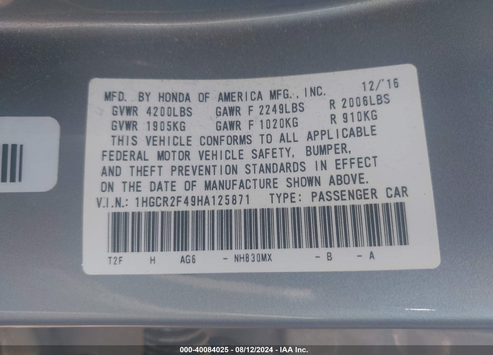 2017 HONDA ACCORD VIN: 1HGCR2F49HA125871