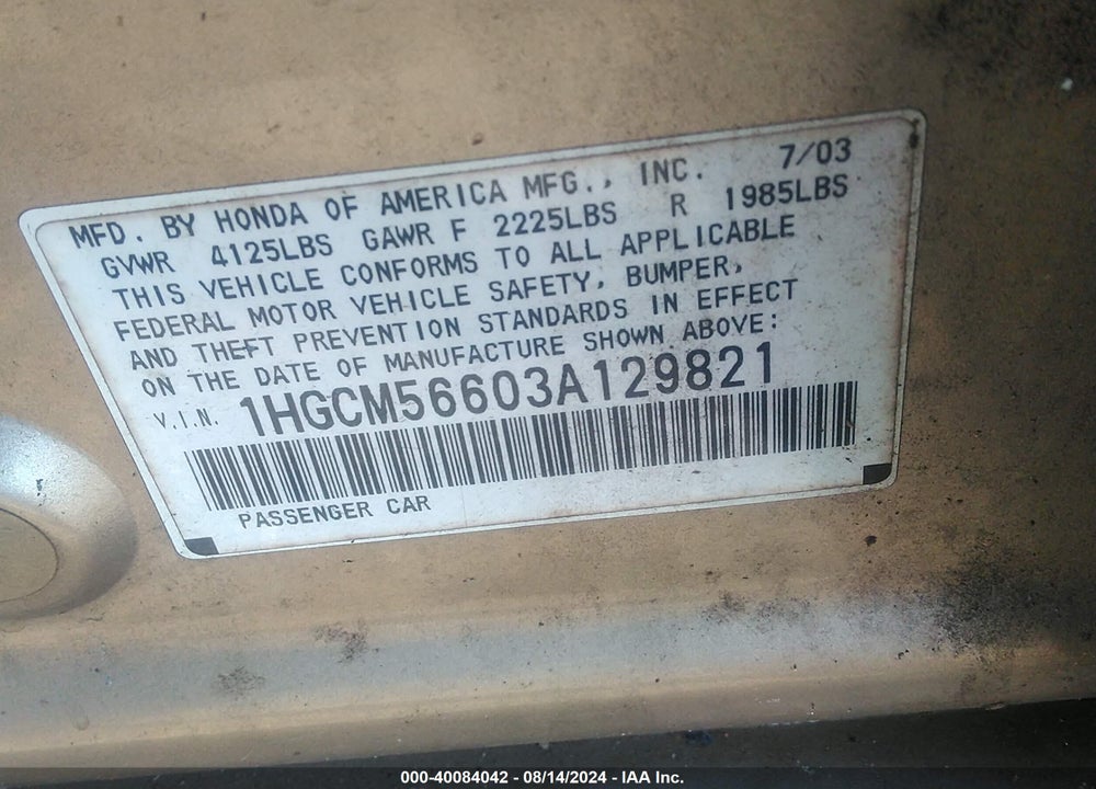 2003 HONDA ACCORD 2.4 EX VIN: 1HGCM56603A129821