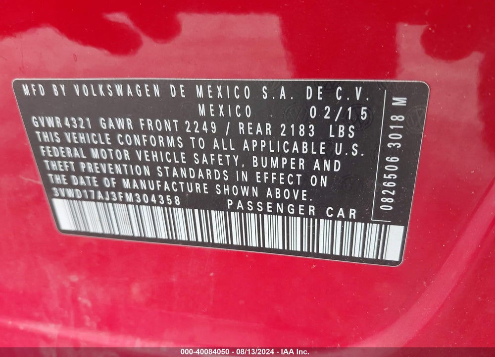 2015 VOLKSWAGEN JETTA 1.8T SE VIN: 3VWD17AJ3FM304358