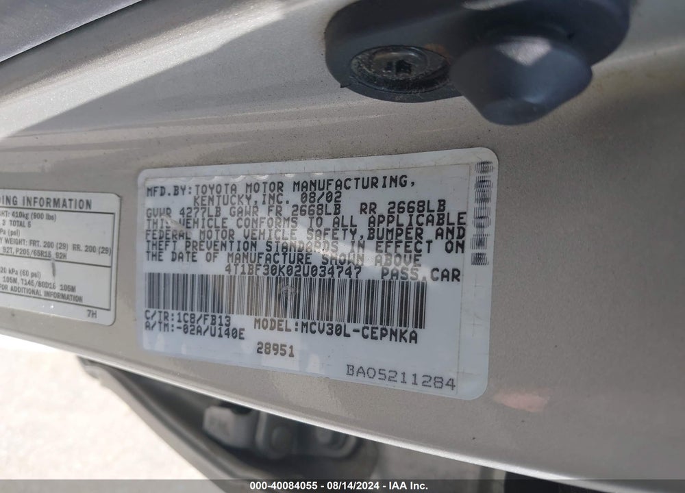 2002 TOYOTA CAMRY LE V6 VIN: 4T1BF30K02U034747