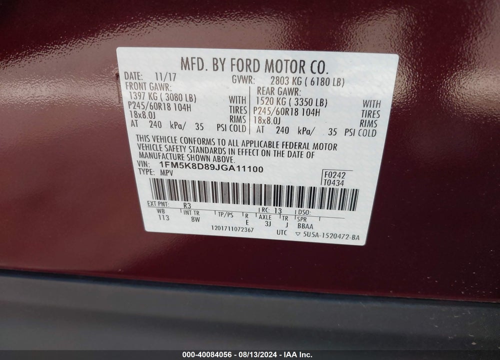2018 FORD EXPLORER XLT VIN: 1FM5K8D89JGA11100
