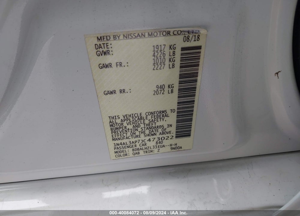 2018 NISSAN ALTIMA 2.5 SR VIN: 1N4AL3AP7JC473022