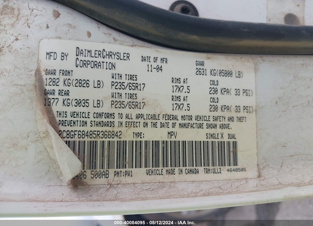 2005 CHRYSLER PACIFICA TOURING VIN: 2C8GF68485R366842