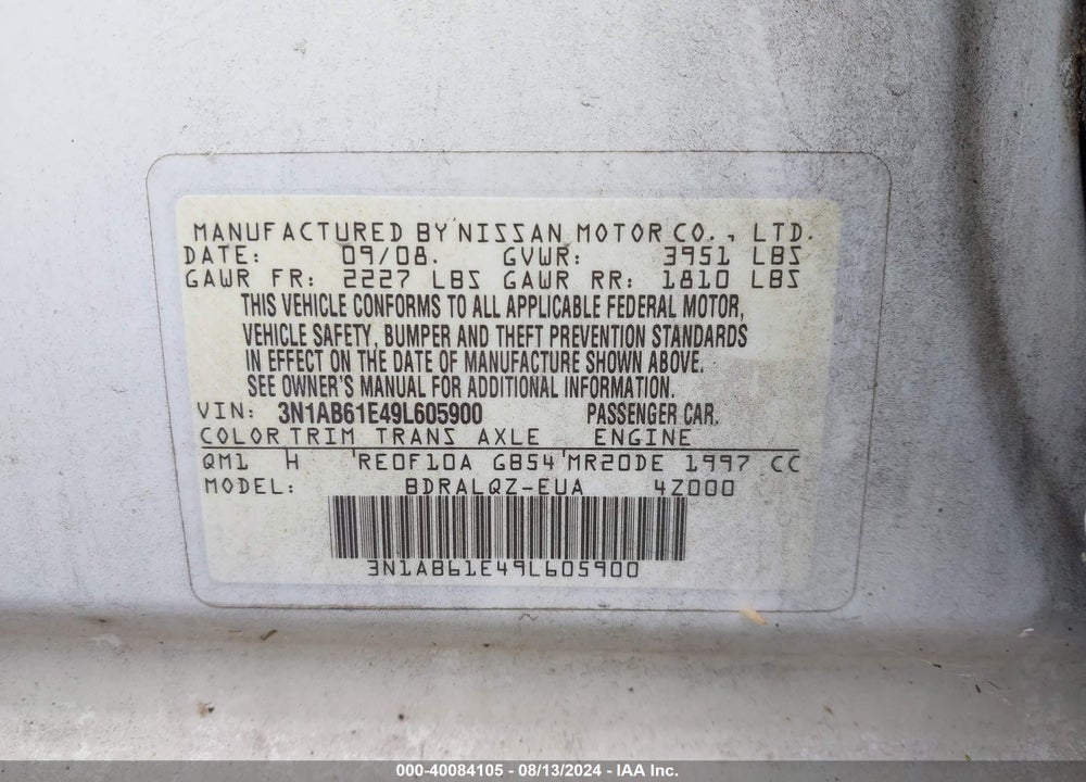 2009 NISSAN SENTRA 2.0 VIN: 3N1AB61E49L605900