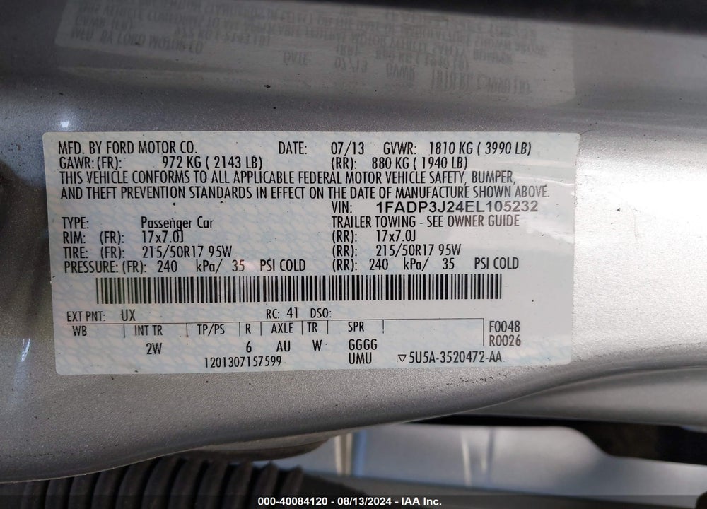 2014 FORD FOCUS TITANIUM VIN: 1FADP3J24EL105232