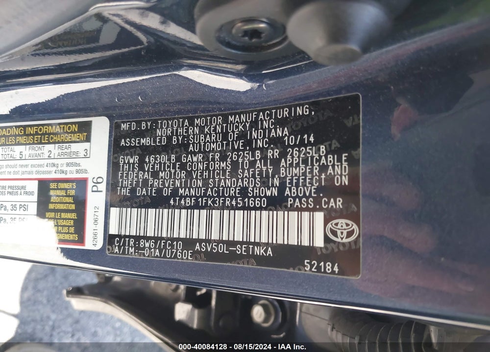 2015 TOYOTA CAMRY LE VIN: 4T4BF1FK3FR451660