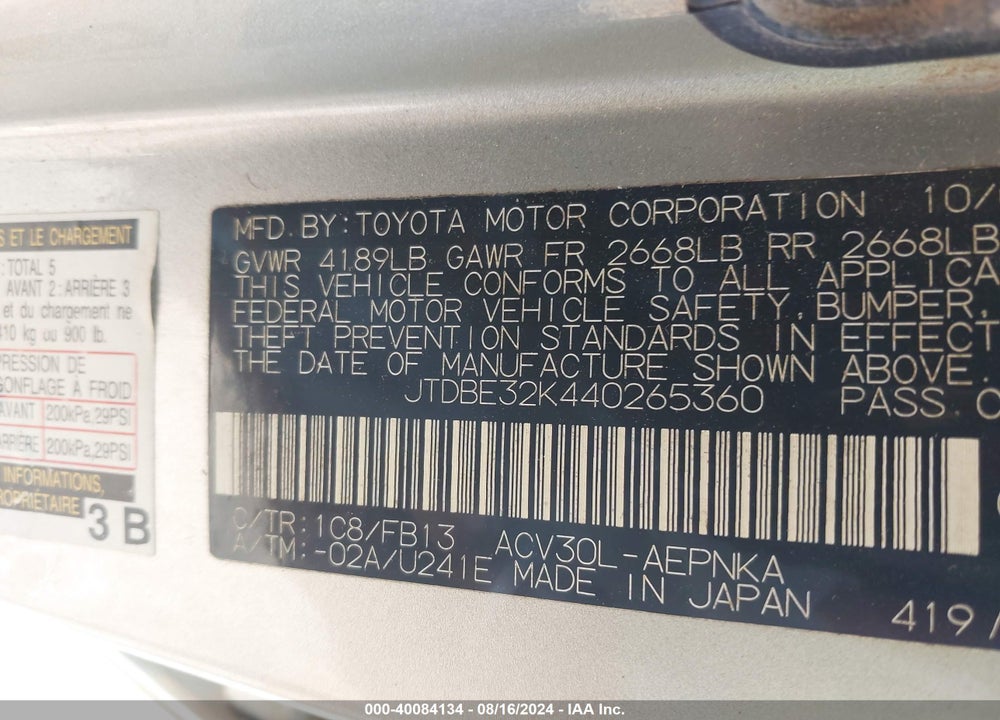 2004 TOYOTA CAMRY LE VIN: JTDBE32K440265360