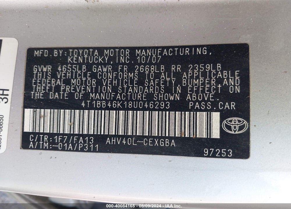 2008 TOYOTA CAMRY HYBRID VIN: 4T1BB46K18U046293