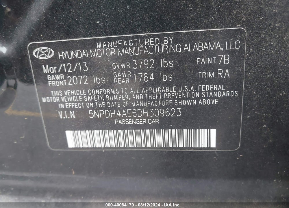 2013 HYUNDAI ELANTRA GLS VIN: 5NPDH4AE6DH309623