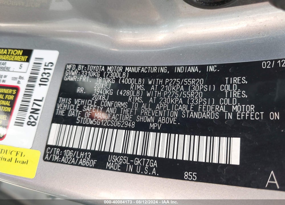 2012 TOYOTA SEQUOIA PLATINUM 5.7L V8 VIN: 5TDDW5G12CS062948