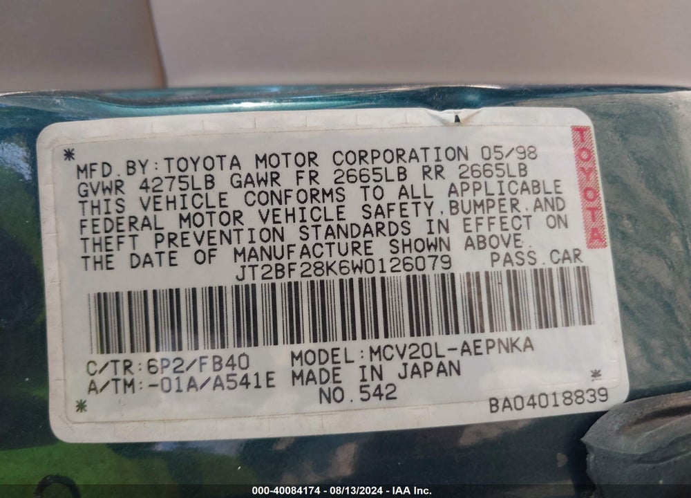 1998 TOYOTA CAMRY LE V6 VIN: JT2BF28K6W0126079