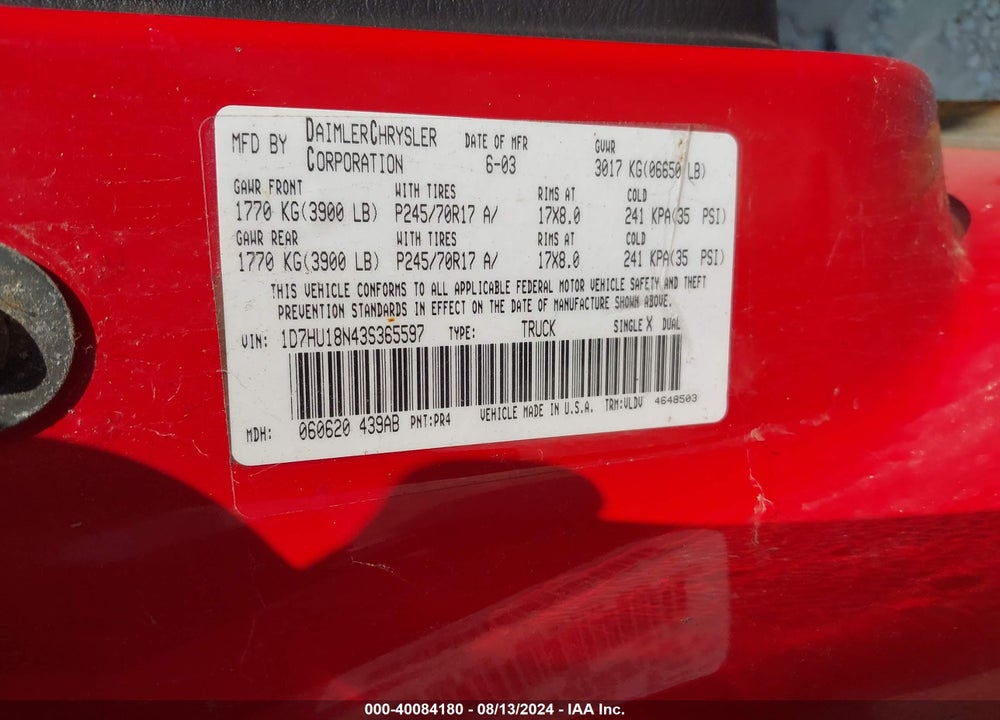 2003 DODGE RAM 1500 SLT/LARAMIE/ST VIN: 1D7HU18N43S365597