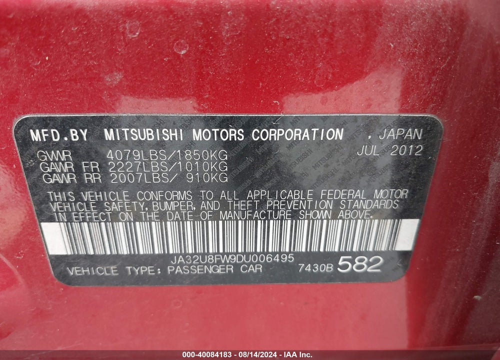 2013 MITSUBISHI LANCER GT VIN: JA32U8FW9DU006495