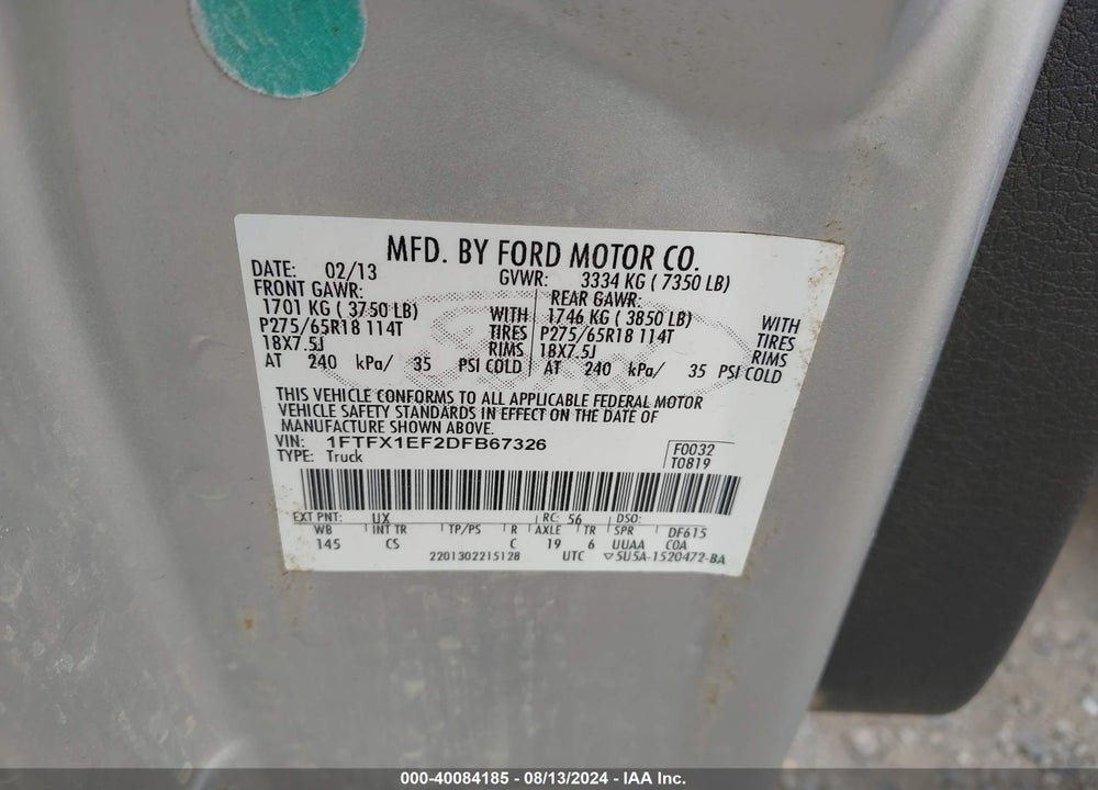 2013 FORD F-150 STX VIN: 1FTFX1EF2DFB67326