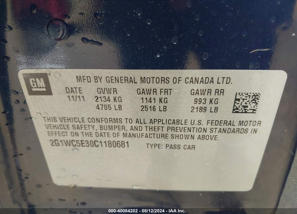 2012 CHEVROLET IMPALA LTZ VIN: 2G1WC5E30C1180681