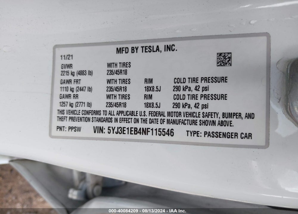 2022 TESLA MODEL 3 LONG RANGE DUAL MOTOR ALL-WHEEL DRIVE VIN: 5YJ3E1EB4NF115546